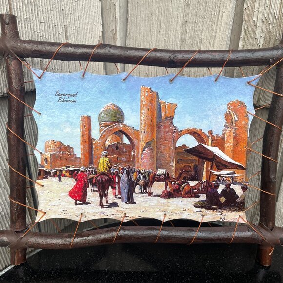 Samargand Bibixonim Oil Painting Print On Lamb Skin Ancient Street Scene - Picture 2 of 5